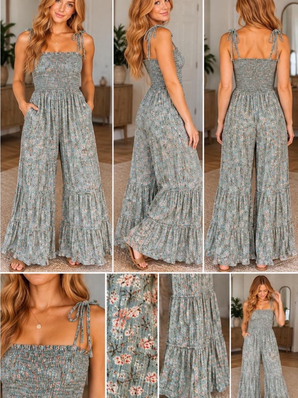 Sage Floral Smocked Wide Leg Jumpsuit Size Small